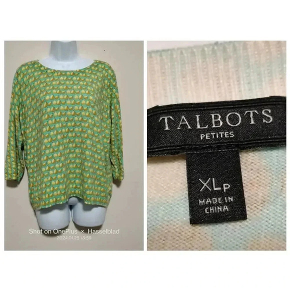Talbots Size XLp Green Knit Pear Details Button Up back - Picture 1 of 8